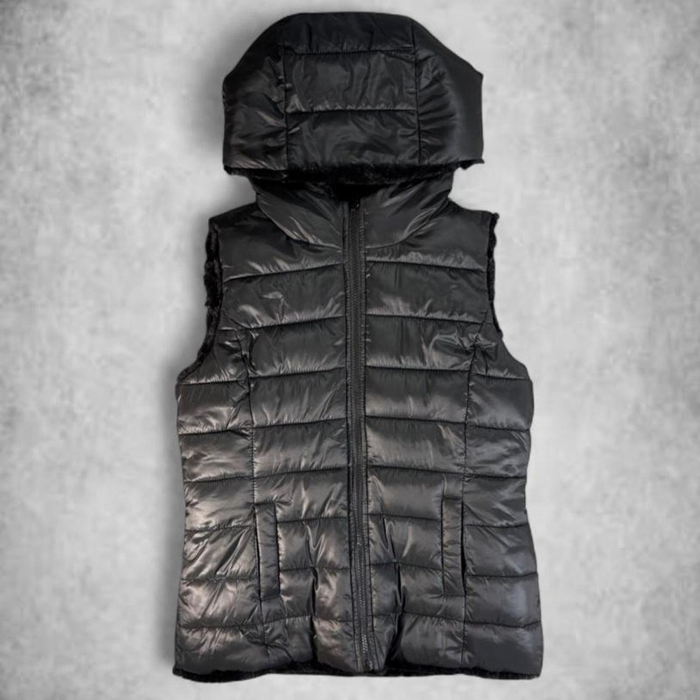 Unbranded Black Hooded Puffer Vest Faux Fur Lined Y2K Gorpcore Medium Est